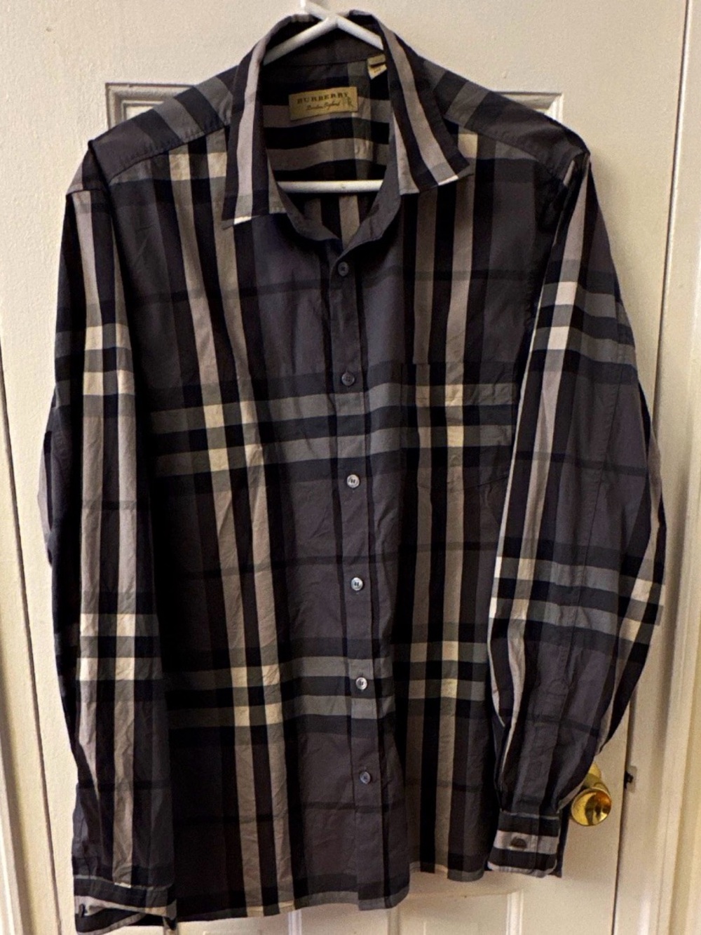 Burberry Men’s 2XL Gray Black White Plaid Long Sleeve Button-Up Shirt